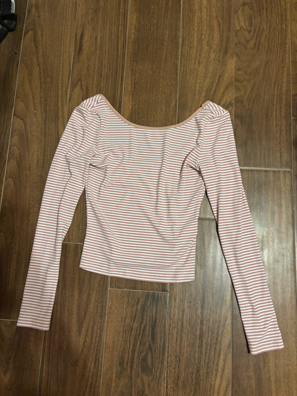 SHEIN Pink and White Striped Long-Sleeve Scoop Neck Top